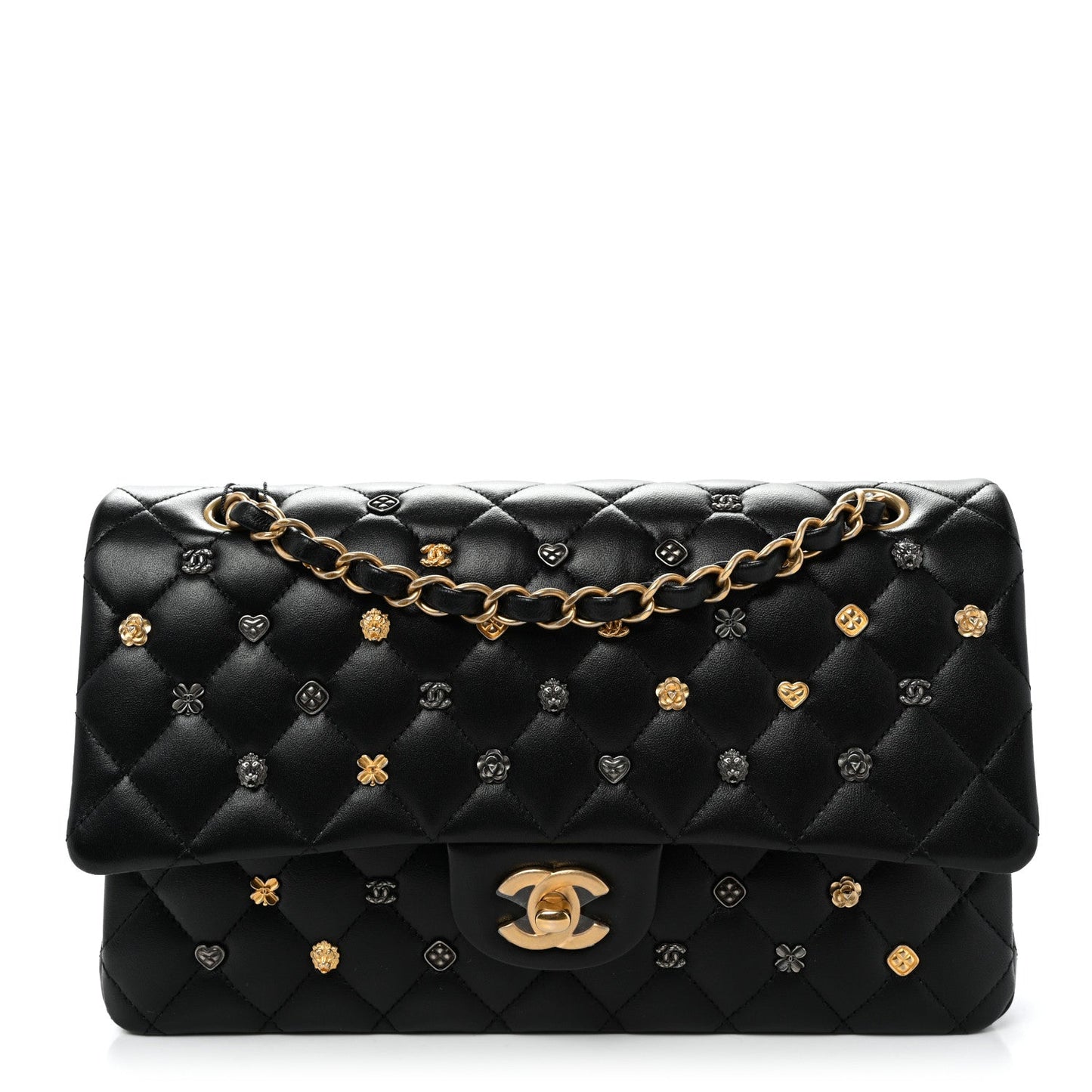 Lambskin Quilted Studded Medium Double Flap Black