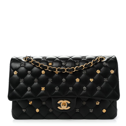 Lambskin Quilted Studded Medium Double Flap Black