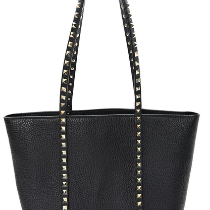 Grained Calfskin North South Rockstud Tote Black