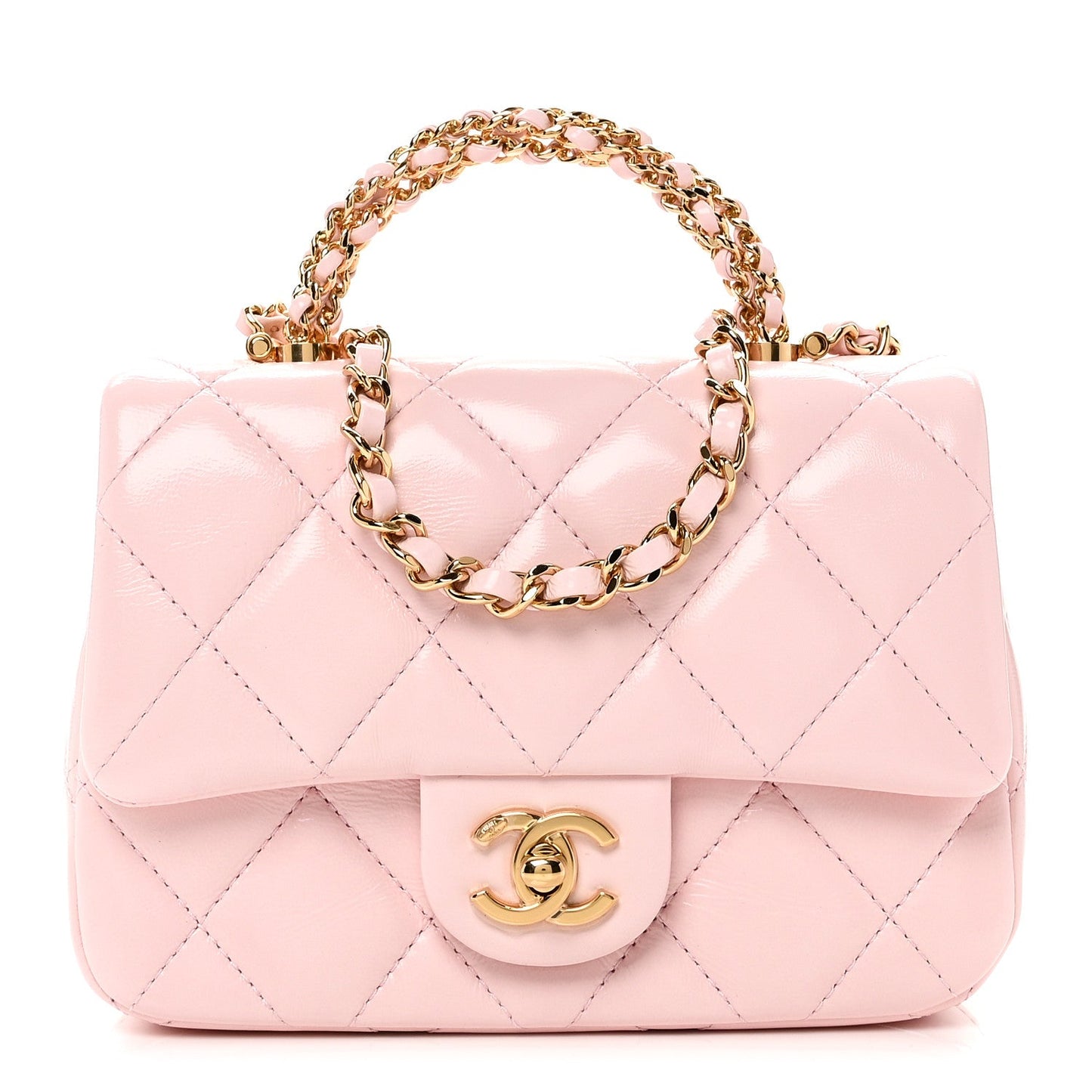 Shiny Lambskin Quilted Mini Twisted Links Top Handle Flap Light Pink
