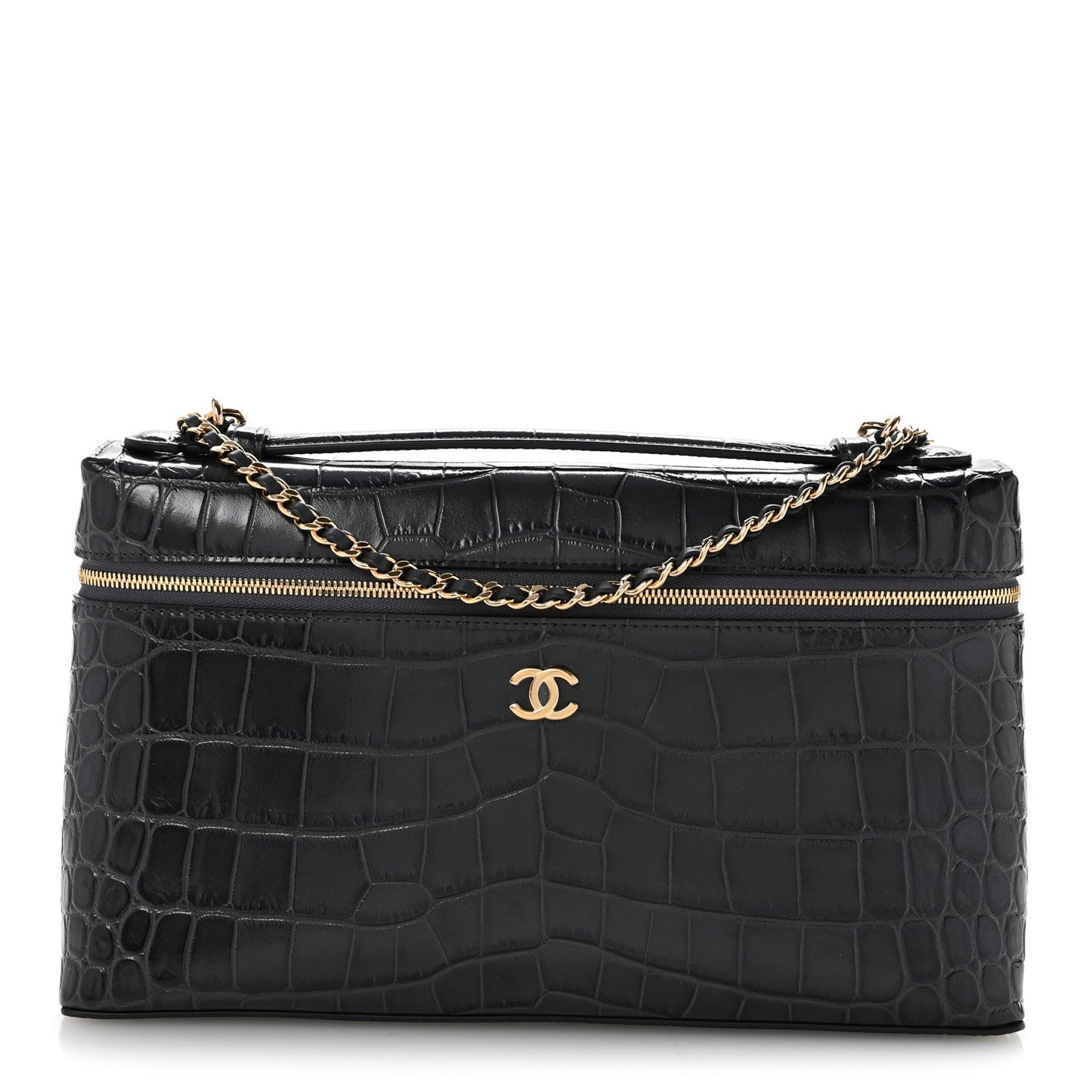 Calfskin Crocodile Embossed Large Top Handle Slim Vanity Case With Chain  Grey