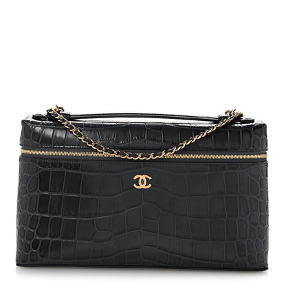 Calfskin Crocodile Embossed Large Top Handle Slim Vanity Case With Chain  Grey