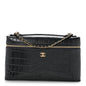 Calfskin Crocodile Embossed Large Top Handle Slim Vanity Case With Chain  Grey