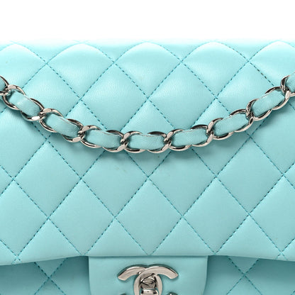 Lambskin Quilted Medium Double Flap Light Blue