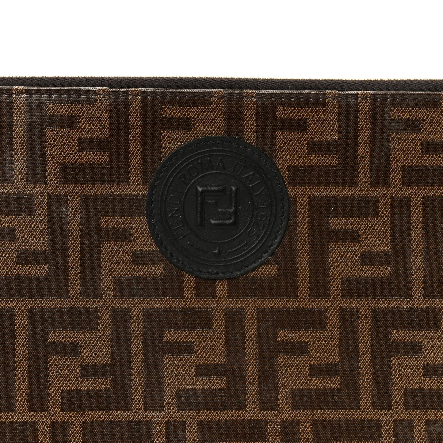 Glazed Fabric Vitello Century FF 1974 Stamp Patch Large Flat Pouch Mogano Panna Black