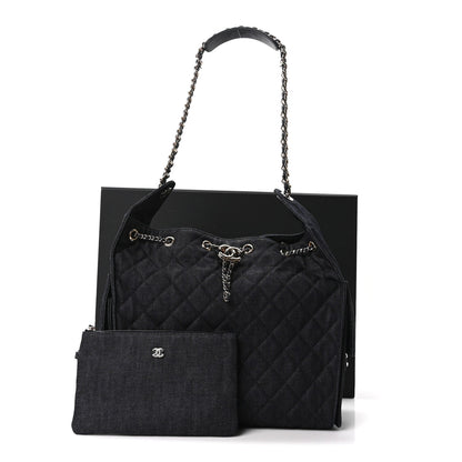 Denim Quilted Medium Chanel 25 Handbag Dark Blue
