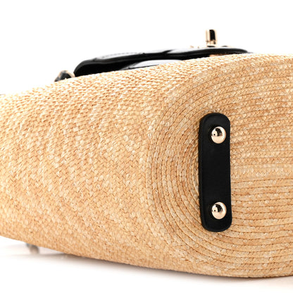 Raffia Braided Lambskin Small Shopping Tote Beige Black