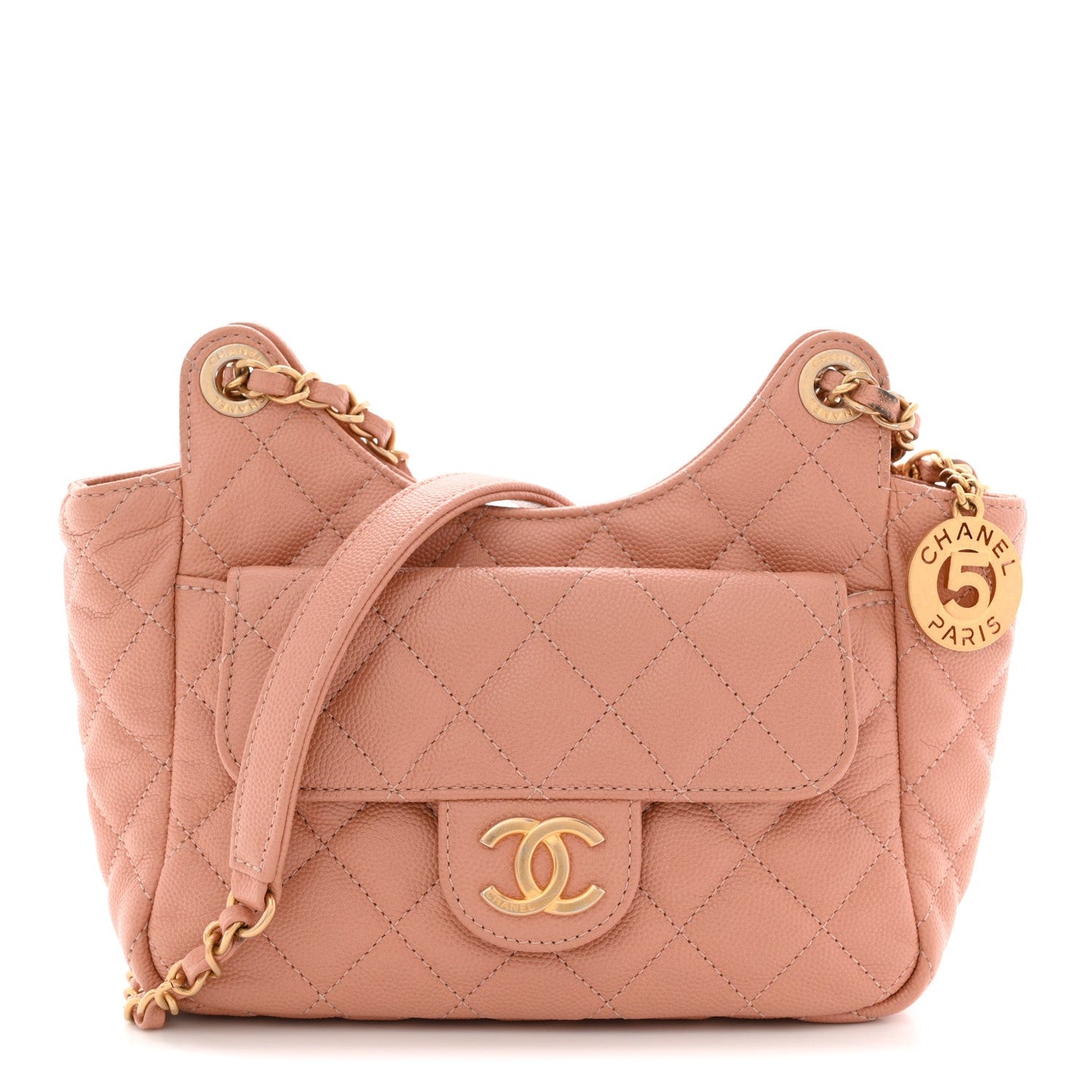 Caviar Quilted Small Wavy CC Hobo Coral