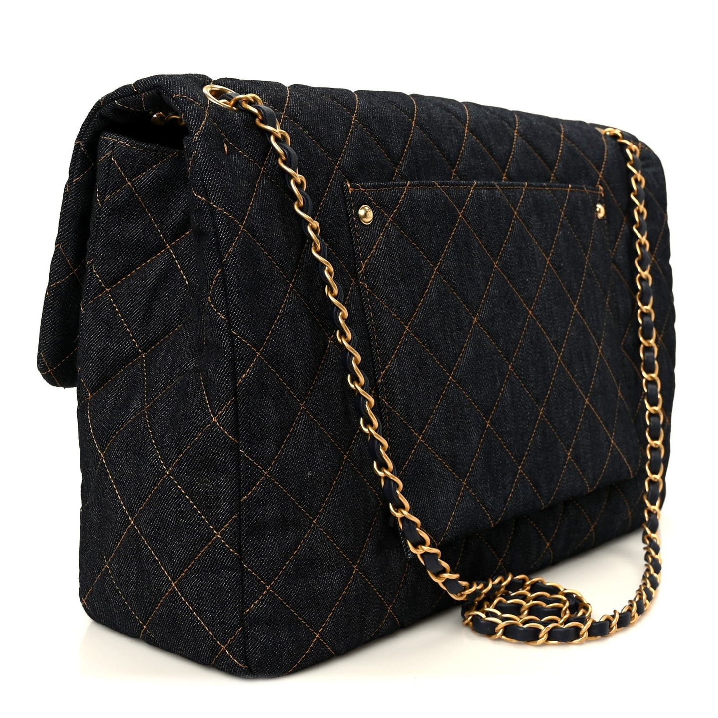 Denim Quilted XXL Travel Flap Bag Dark Blue Orange