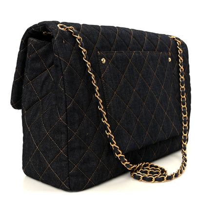 Denim Quilted XXL Travel Flap Bag Dark Blue Orange