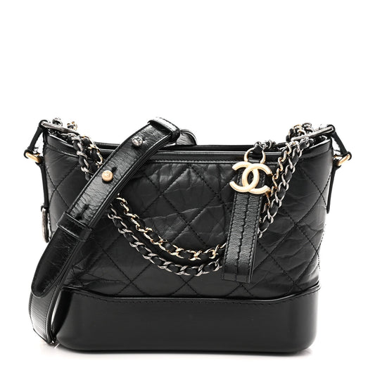 Aged Calfskin Quilted Small Gabrielle Hobo Black