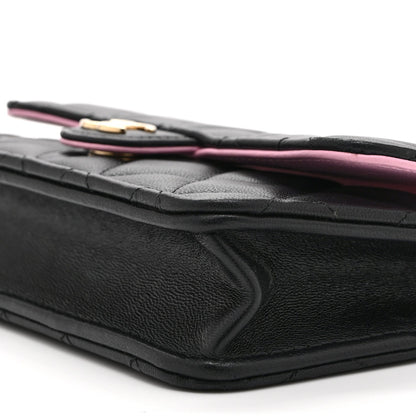 Lambskin Quilted Flap Phone Holder With Chain Black Lilac