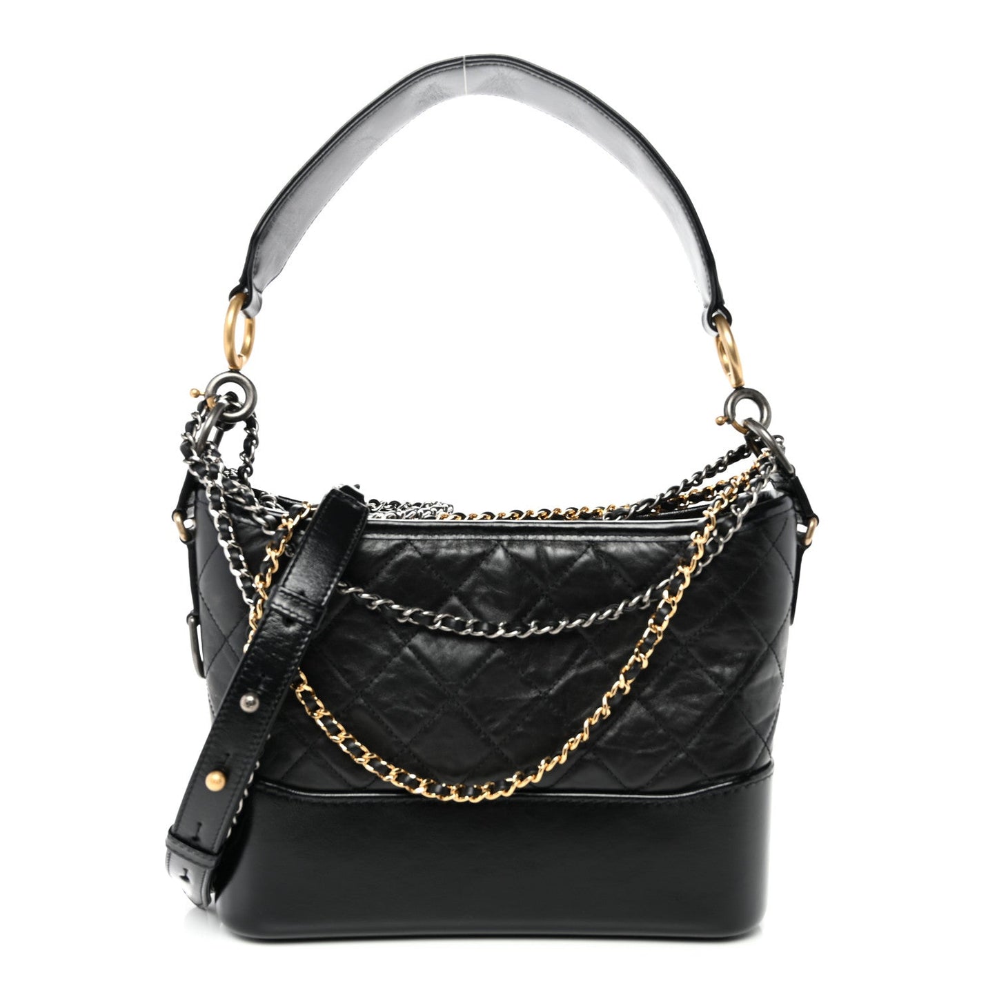 Aged Smooth Calfskin Quilted Medium Gabrielle Logo Hobo Black