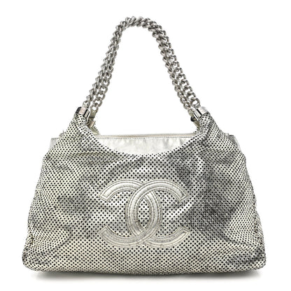 Metallic Glazed Calfskin Perforated Rodeo Drive Hobo Silver