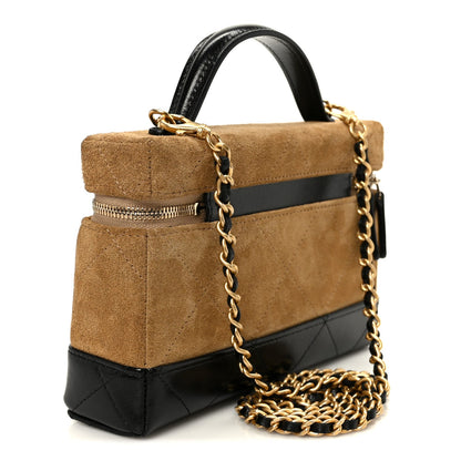 Suede Calfskin Shiny Lambskin Stitched Top Handle Slim Vanity With Chain Beige Black