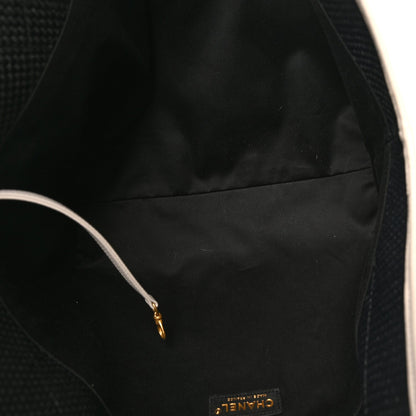 Calfskin Raffia Braided Small Shopping Tote Black White