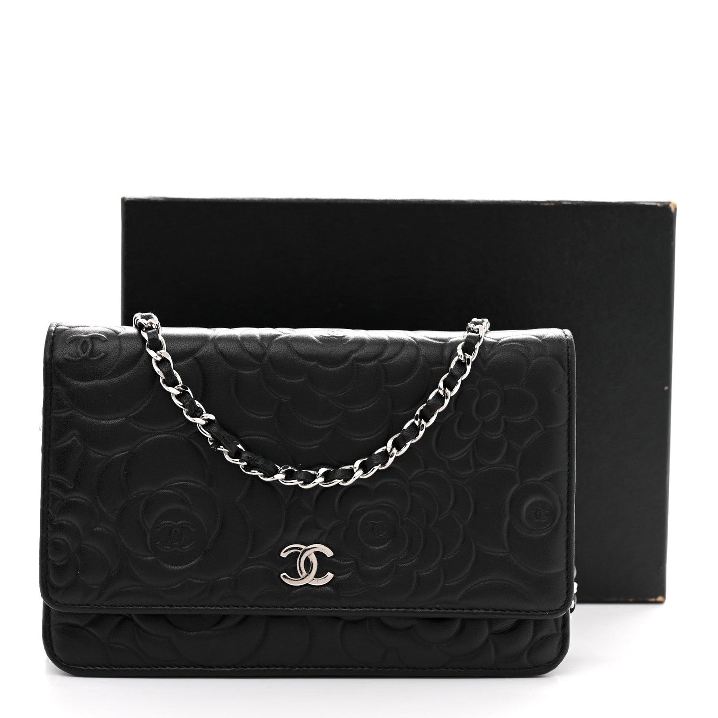 Lambskin Camellia Embossed Wallet On Chain WOC Black
