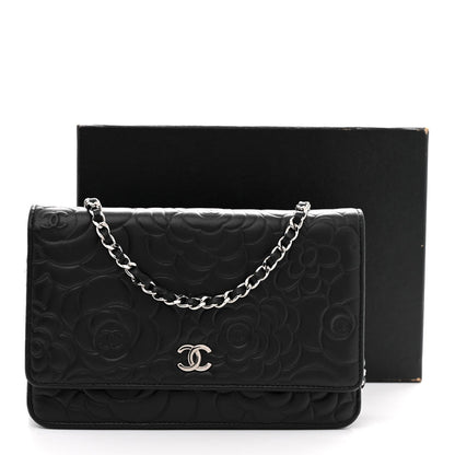 Lambskin Camellia Embossed Wallet On Chain WOC Black