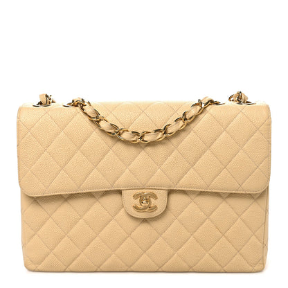 Caviar Quilted Jumbo Single Flap Beige