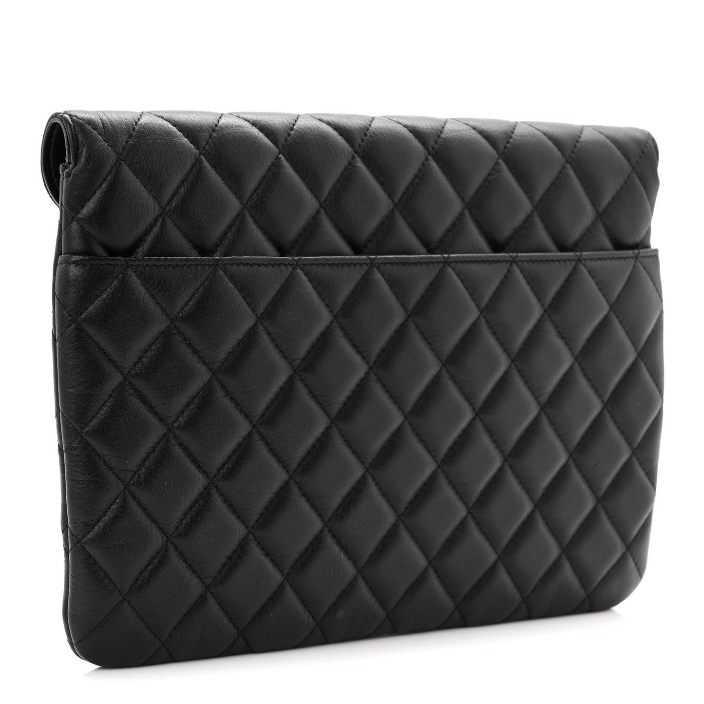 Calfskin Quilted Front Logo Enchained Clutch Black