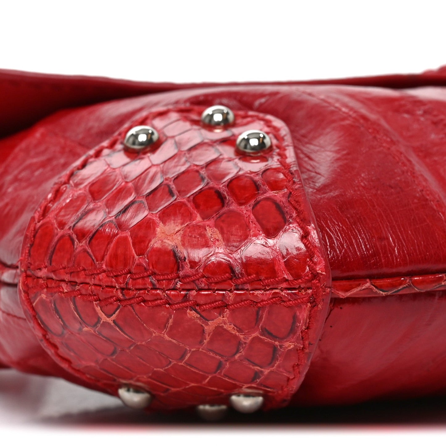 Snakeskin Eel O-Ring Baguette Shoulder Bag Red