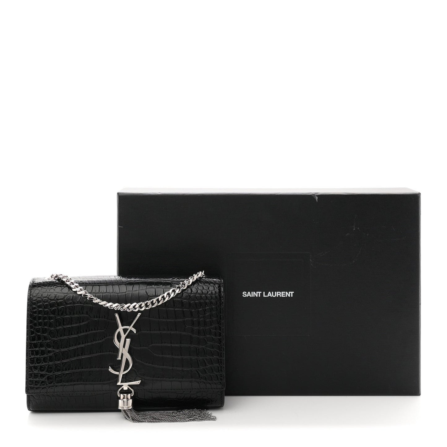 Calfskin Crocodile Embossed Small Classic Monogram Kate Tassel Satchel Black
