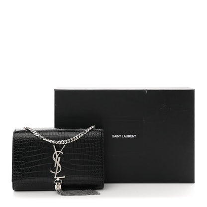 Calfskin Crocodile Embossed Small Classic Monogram Kate Tassel Satchel Black
