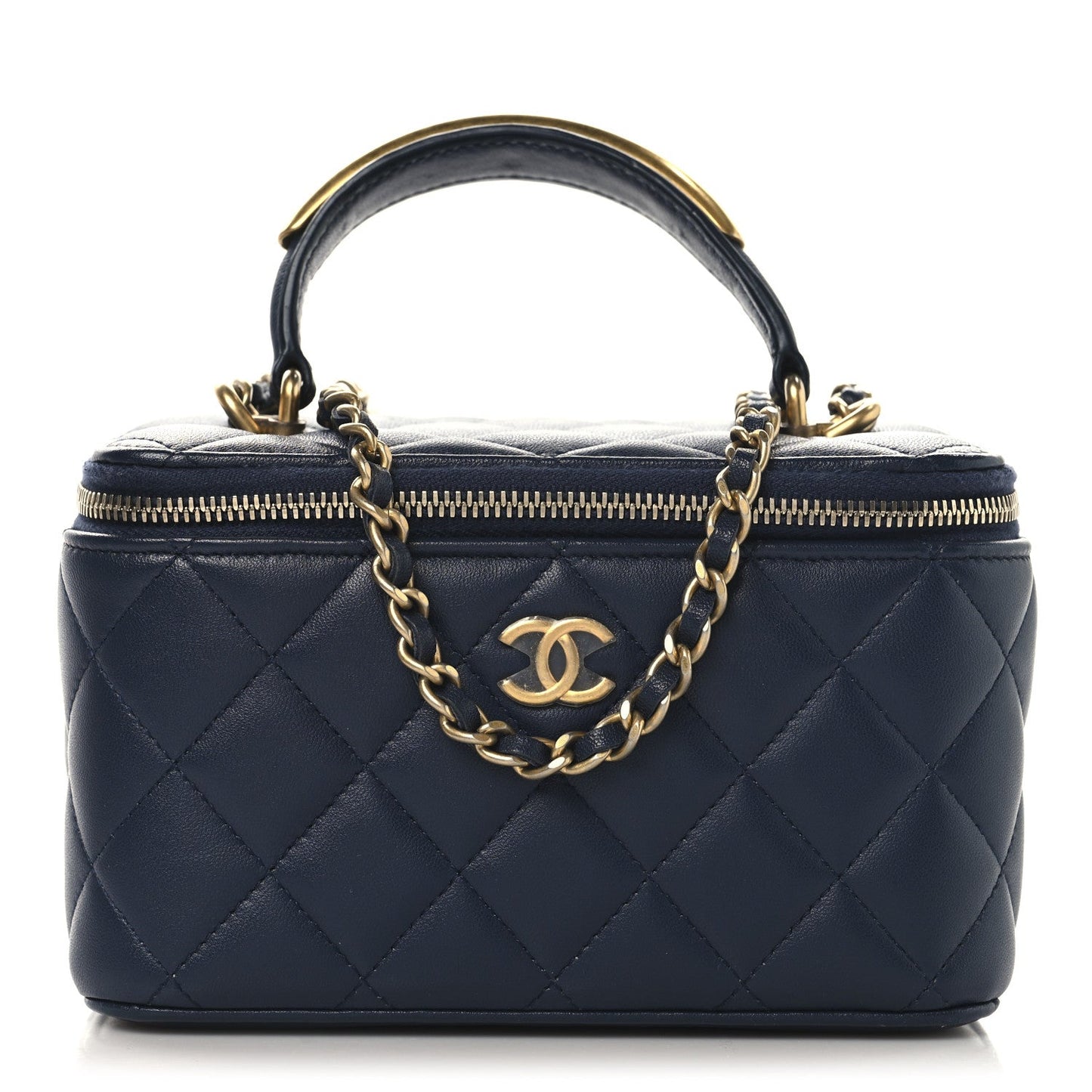 Lambskin Quilted Metal Small Top Handle Vanity Case With Chain Blue