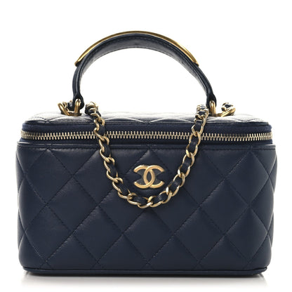 Lambskin Quilted Metal Small Top Handle Vanity Case With Chain Blue