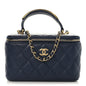 Lambskin Quilted Metal Small Top Handle Vanity Case With Chain Blue