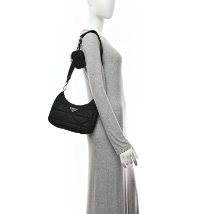 Re-Nylon Triangle Padded Patchwork Shoulder Bag Black