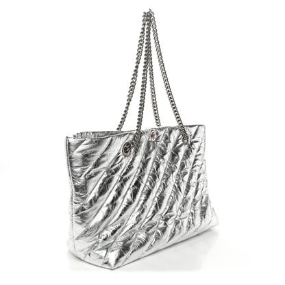 Metallic Crushed Calfskin Quilted Medium Crush Carry All Tote Bag Silver