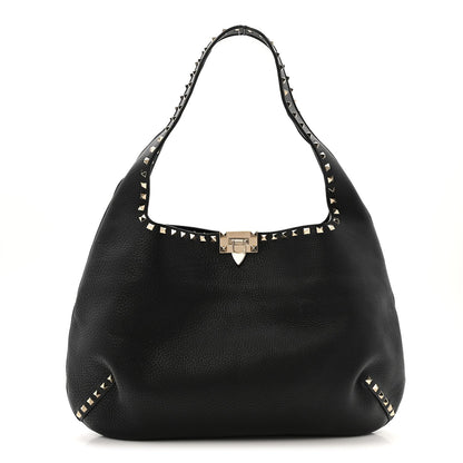 Grained Calfskin Large Rockstud Hobo Black