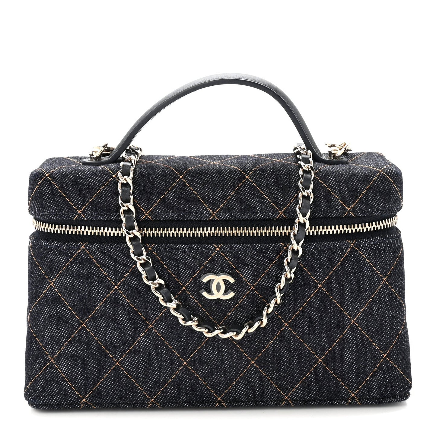 Denim Quilted Top Handle Slim Vanity Case With Chain Dark Blue Orange