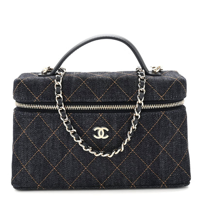 Denim Quilted Top Handle Slim Vanity Case With Chain Dark Blue Orange