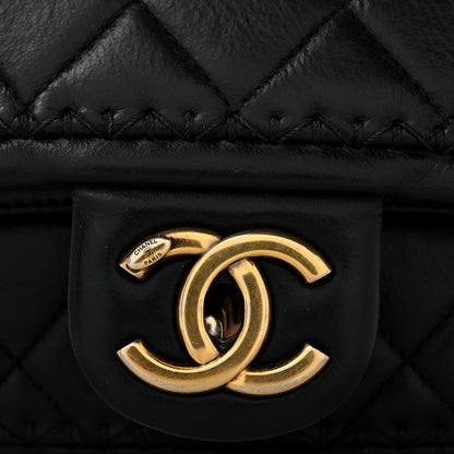 Crumpled Calfskin Whipstich Quilted Single Black