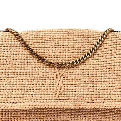 Raffia Medium Monogram Kate Satchel Natural Dark Oak