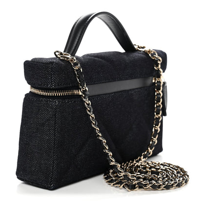 Denim Quilted Top Handle Slim Vanity Case With Chain Dark Blue