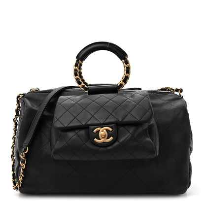 Grained Calfskin Lambskin Quilted Large Bowling Bag Black