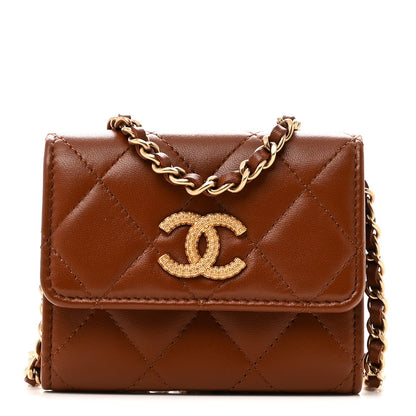 Lambskin Quilted Studded CC Clutch With Chain Brown