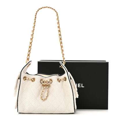 Braided Raffia Calfskin Mini Chanel 25 Handbag White Black
