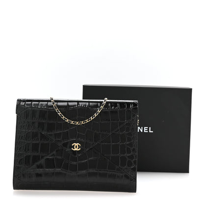 Calfskin Crocodile Embossed Croc Illusion Clutch With Chain Black