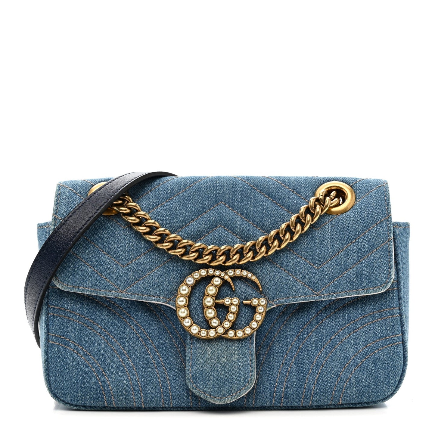 Denim Matelasse Mini Pearly GG Marmont Shoulder Bag Blue