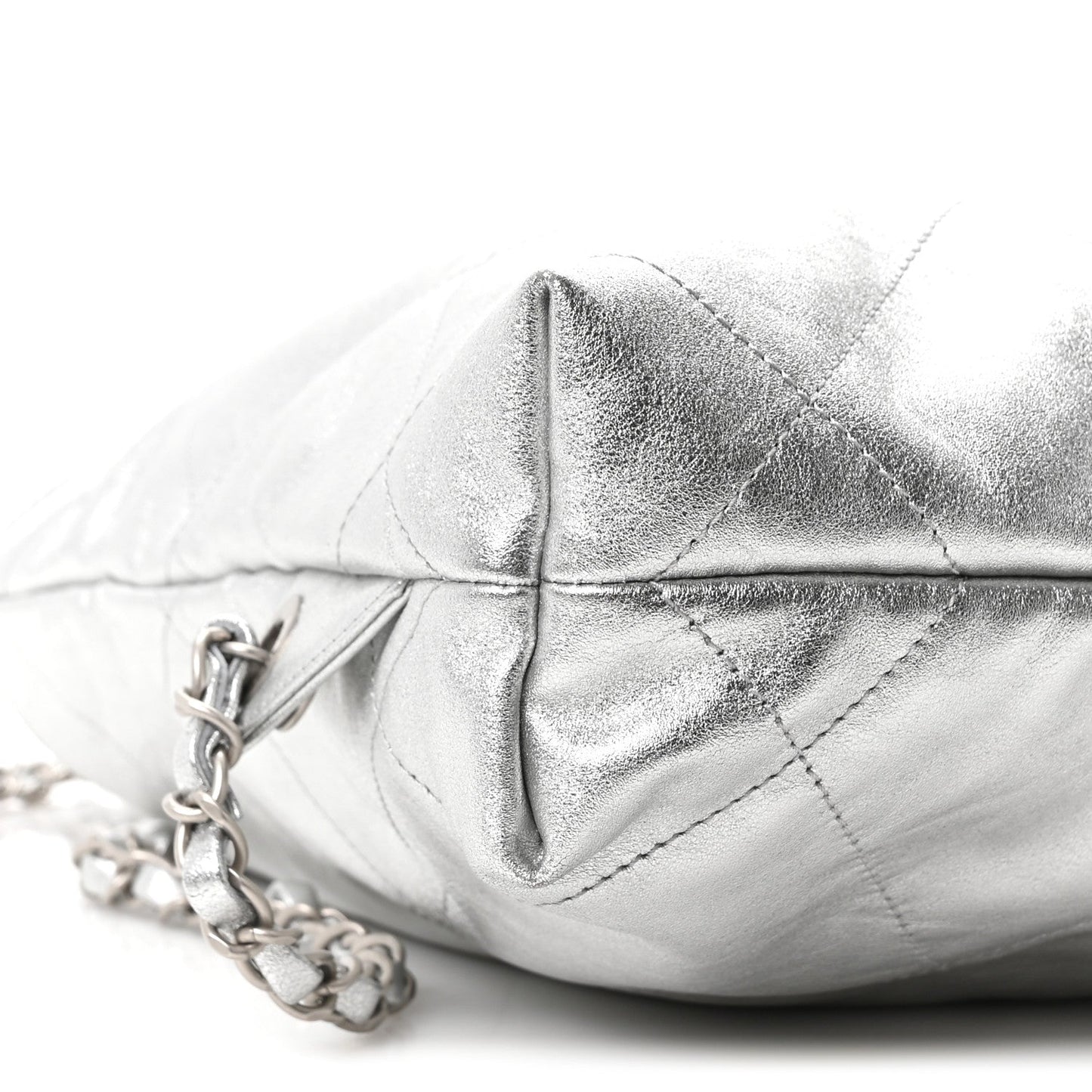 Metallic Calfskin Quilted Chanel 22 Backpack Silver