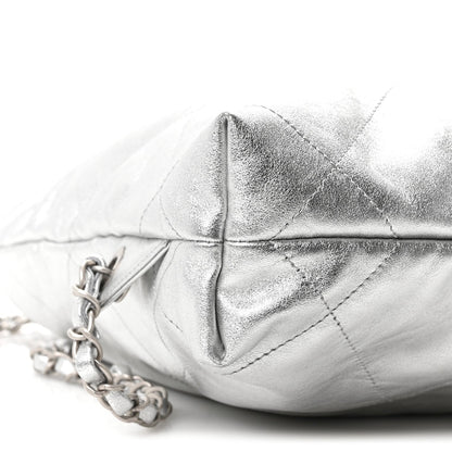 Metallic Calfskin Quilted Chanel 22 Backpack Silver