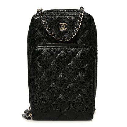 Caviar Quilted Phone Holder With Chain Black