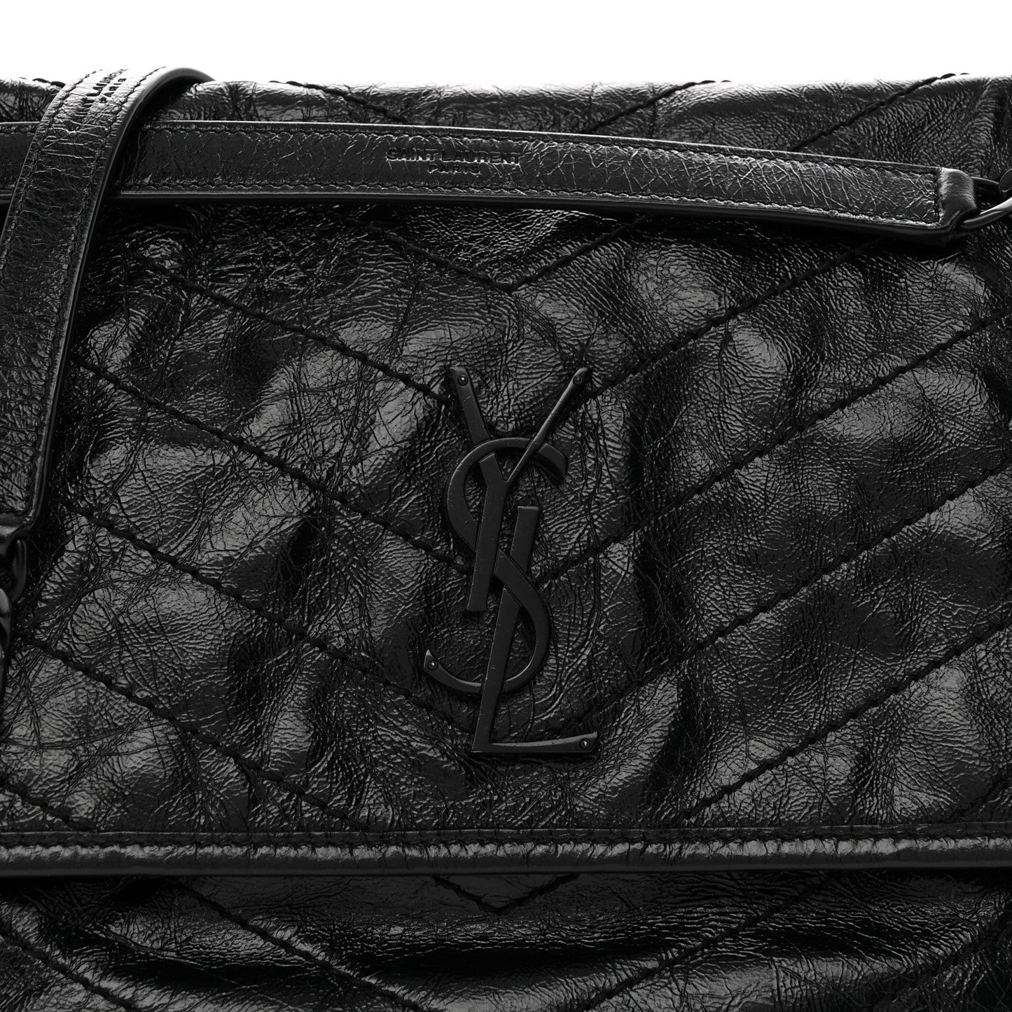 Crinkled Calfskin Matelasse Monogram Medium Niki Chain Satchel Black