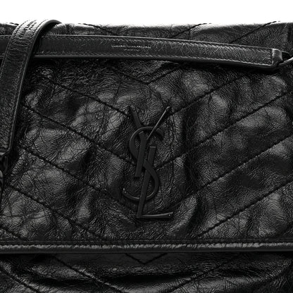 Crinkled Calfskin Matelasse Monogram Medium Niki Chain Satchel Black