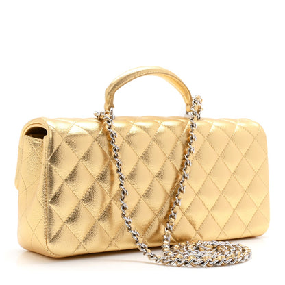 Metallic Caviar Quilted Top Handle East West Flap Gold