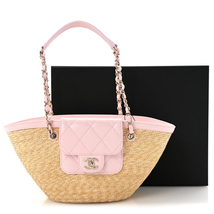 Raffia Braided Lambskin Small Wicker Tote Beige Light Pink